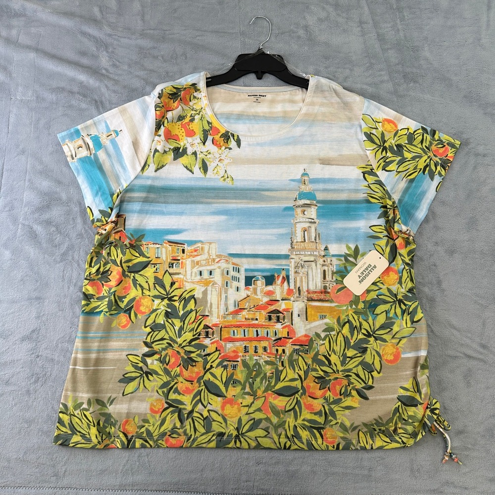 NWT Allison Daley Woman 3X Top Short Sleeve Mediterranean Scenic Orange Print